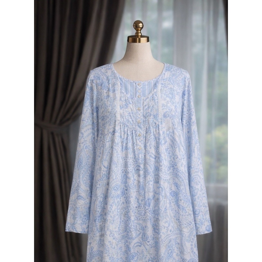 Miss Elaine Midi Nightgown Blue‎ White Paisley Soft Brushed Satin Button Size M